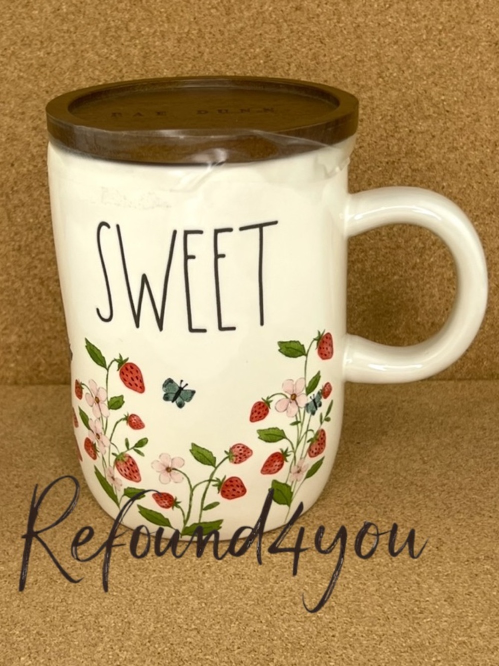 Rae Dunn - ‘Sweet - Strawberry’ Ceramic Mug with Lid. NWT. Firm!